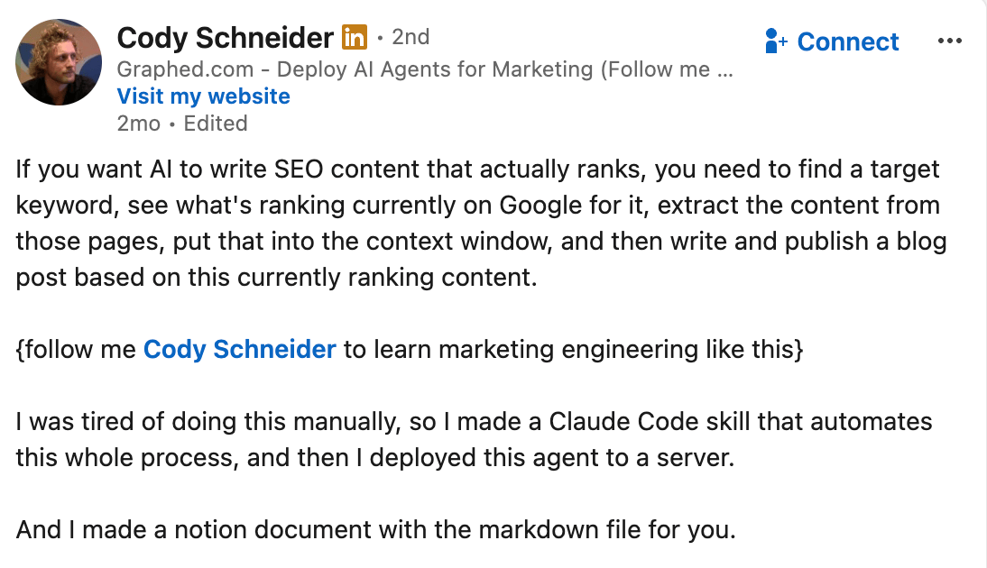 LinkedIn post by Cody Schneider describing a Claude Code skill that automates writing SEO content from ranking pages