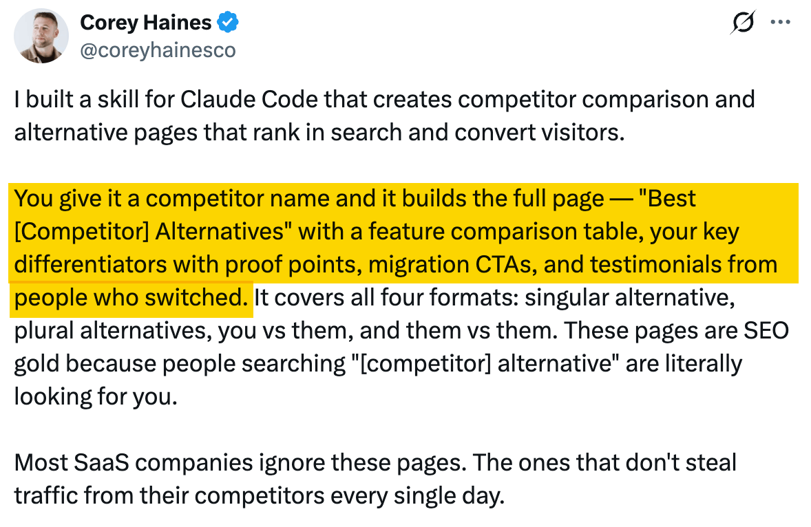 Corey Haines post describing a Claude Code skill that builds competitor comparison and alternative pages, with highlighted features