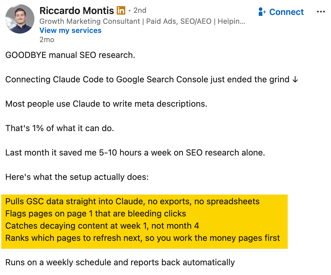 Riccardo Montis LinkedIn post on connecting Claude Code to Google Search Console to flag pages losing clicks