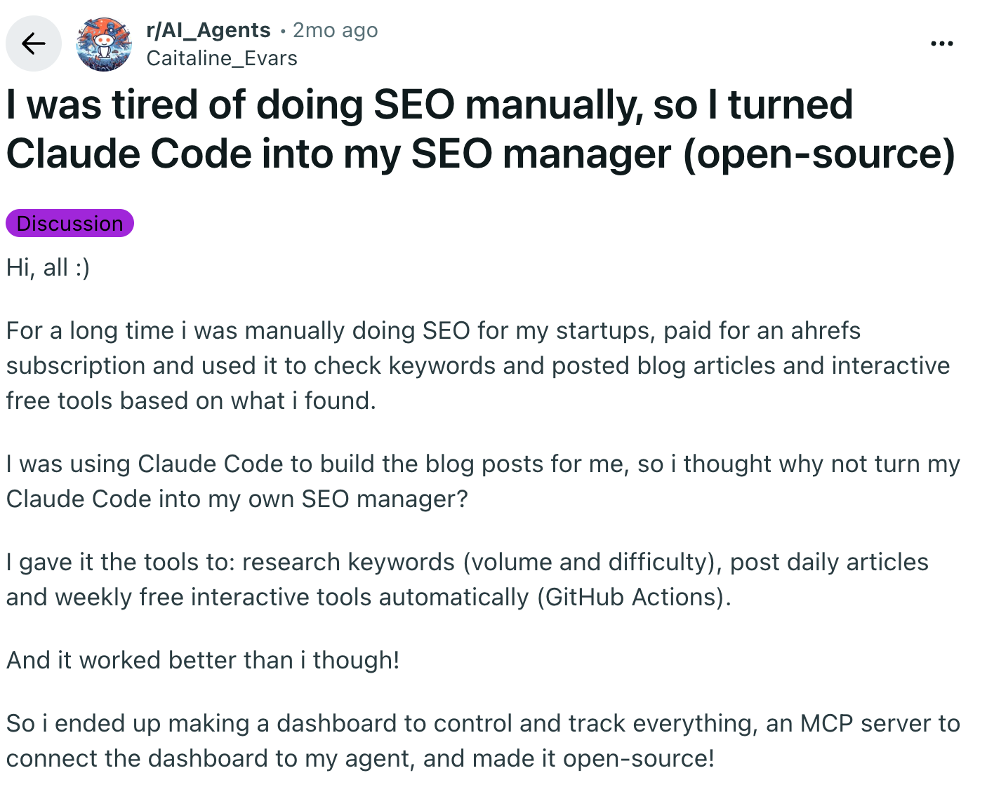 Reddit post in r/AI_Agents about turning Claude Code into an open-source SEO manager