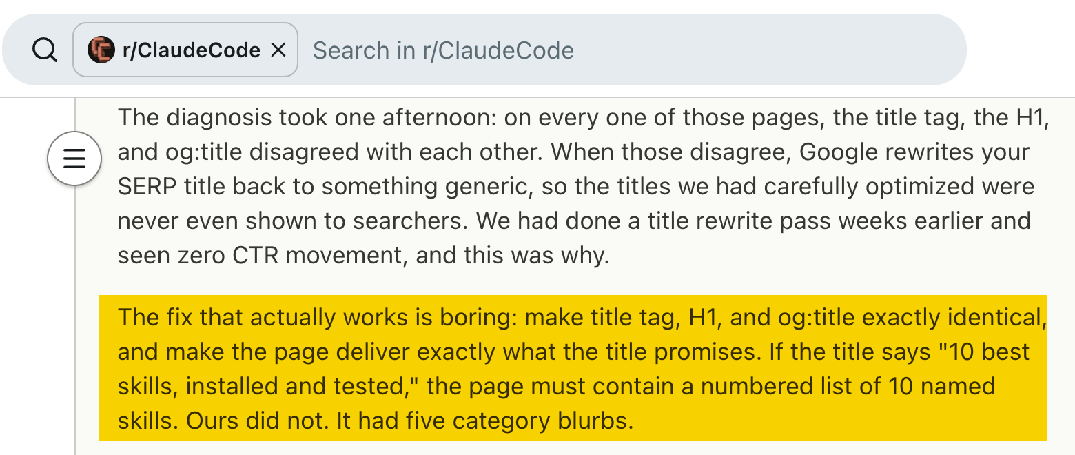 r/ClaudeCode Reddit post highlighting fix: make title tag, H1 and og:title identical and match page content