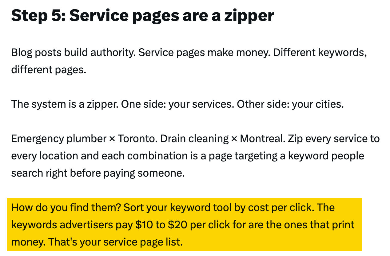 Nicholas Dulait's post "Service pages are a zipper" with highlighted advice to sort keywords by cost per click