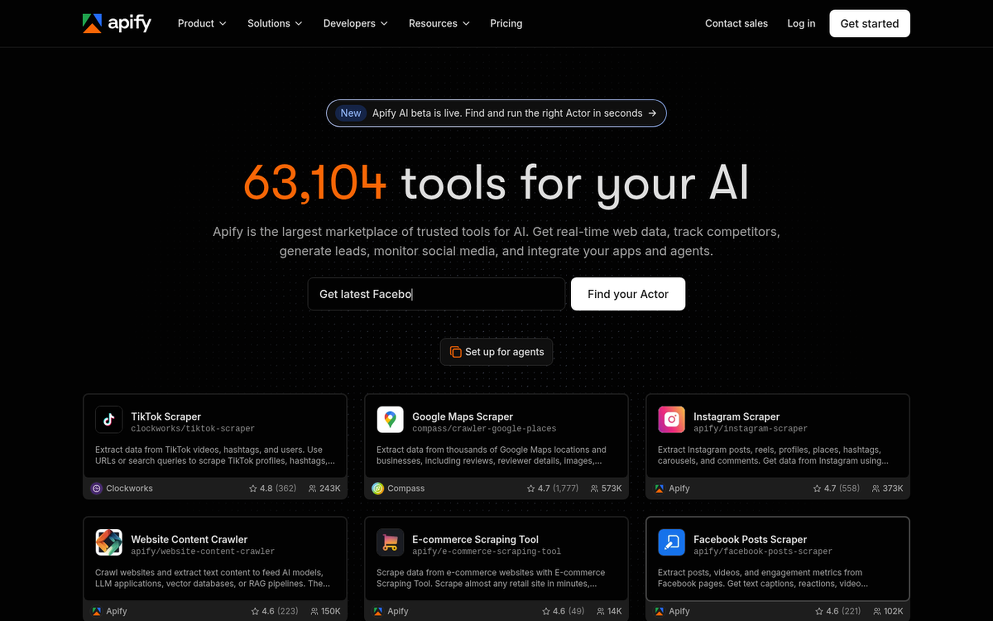 Apify dashboard listing Actors and run history for scraping tasks