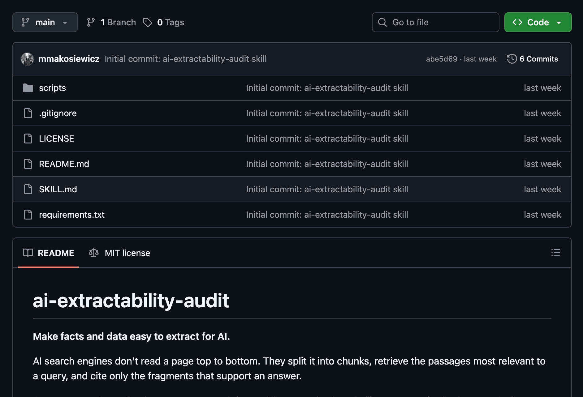 GitHub repo for the ai-extractability-audit agent skill