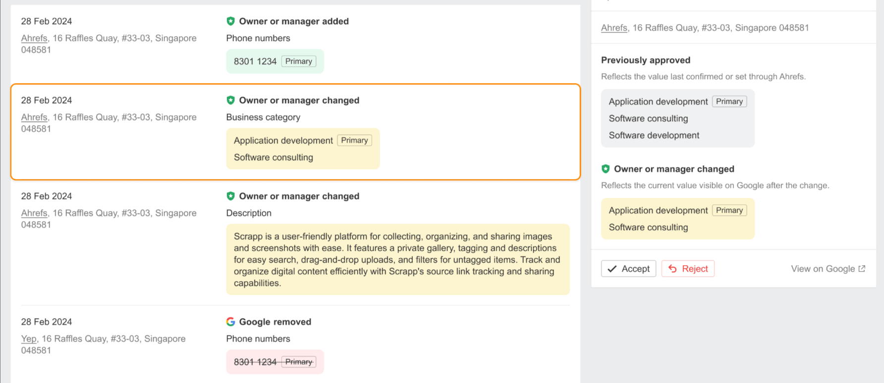 Ahrefs' GBP Monitor showing changes made by owner and Google 