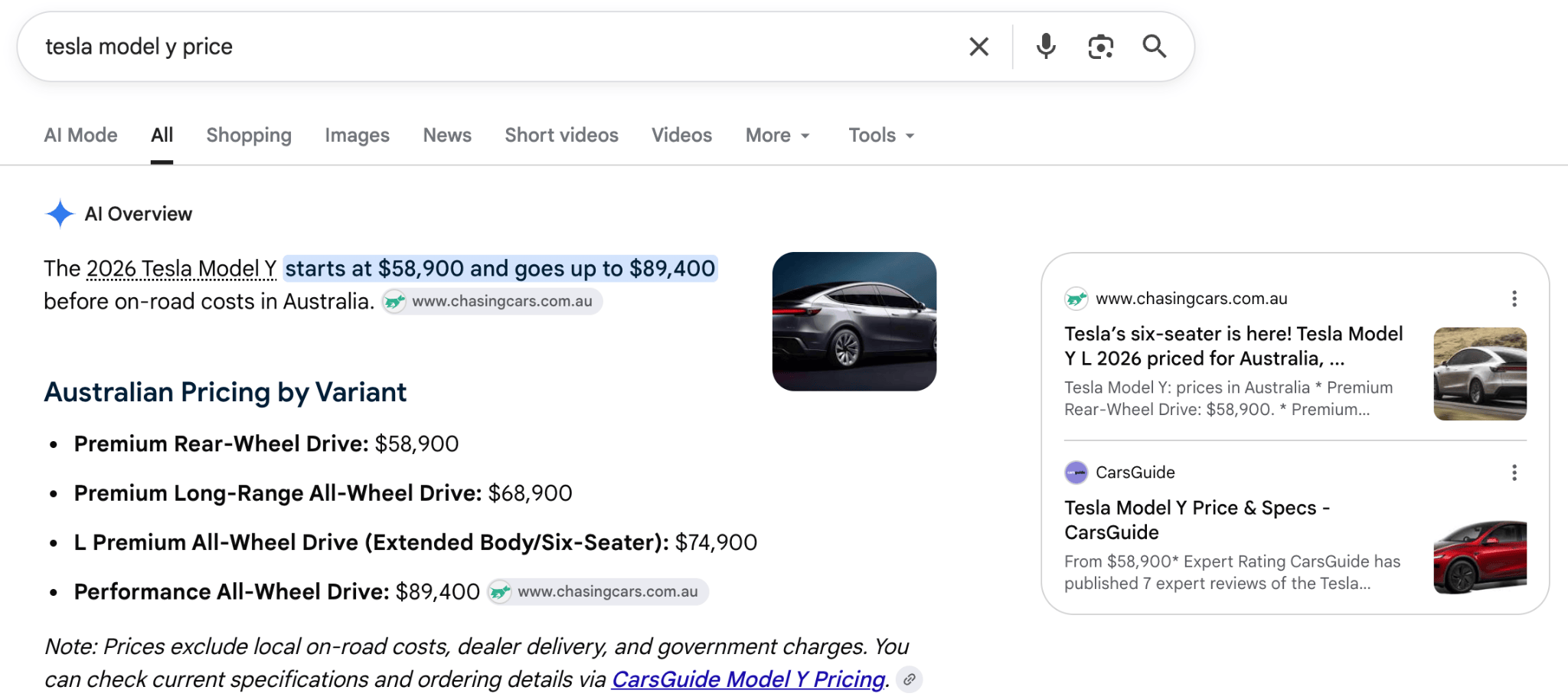 AI Overview for tesla model y price citing Chasing Cars and CarsGuide