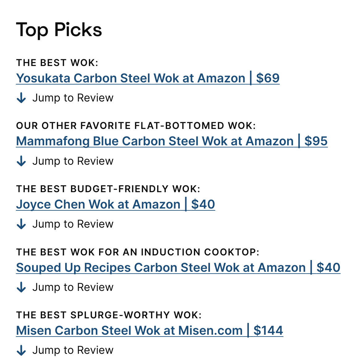 Serious Eats "Top Picks" list showing five affiliate links to woks on Amazon and Misen, priced from $40 to $144.