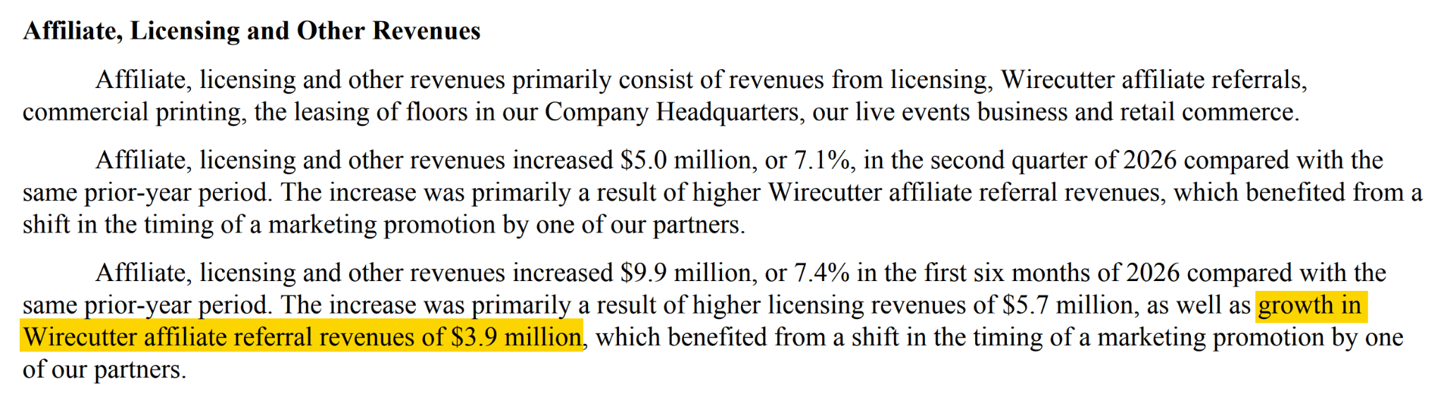 New York Times earnings report excerpt showing affiliate, licensing and other revenues grew 7.1% in Q2 2026, with Wirecutter affiliate referral revenues up $3.9 million highlighted in yellow.
