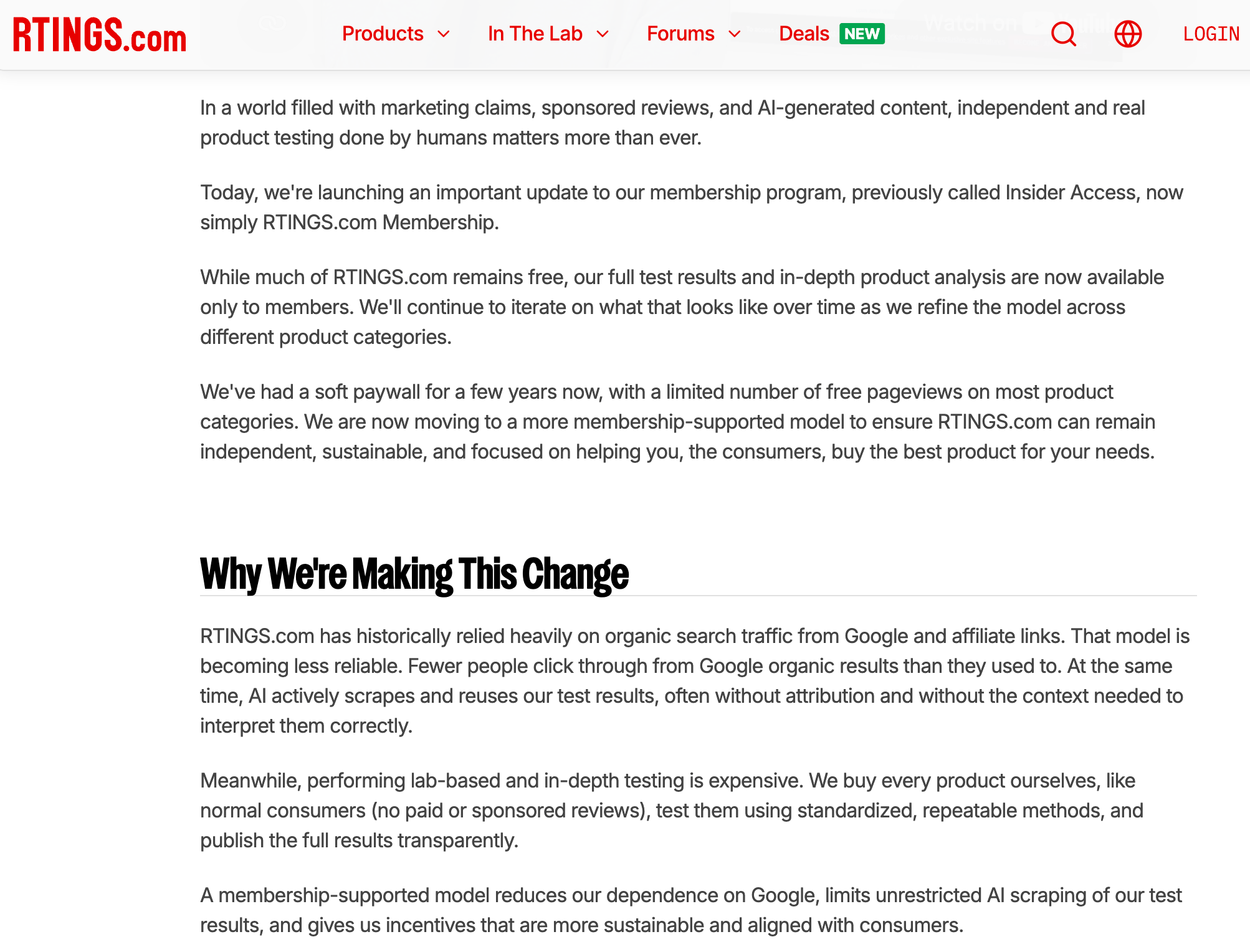 RTINGS.com blog post explaining why it moved to a membership model, citing declining Google traffic and AI scraping of test results without attribution.