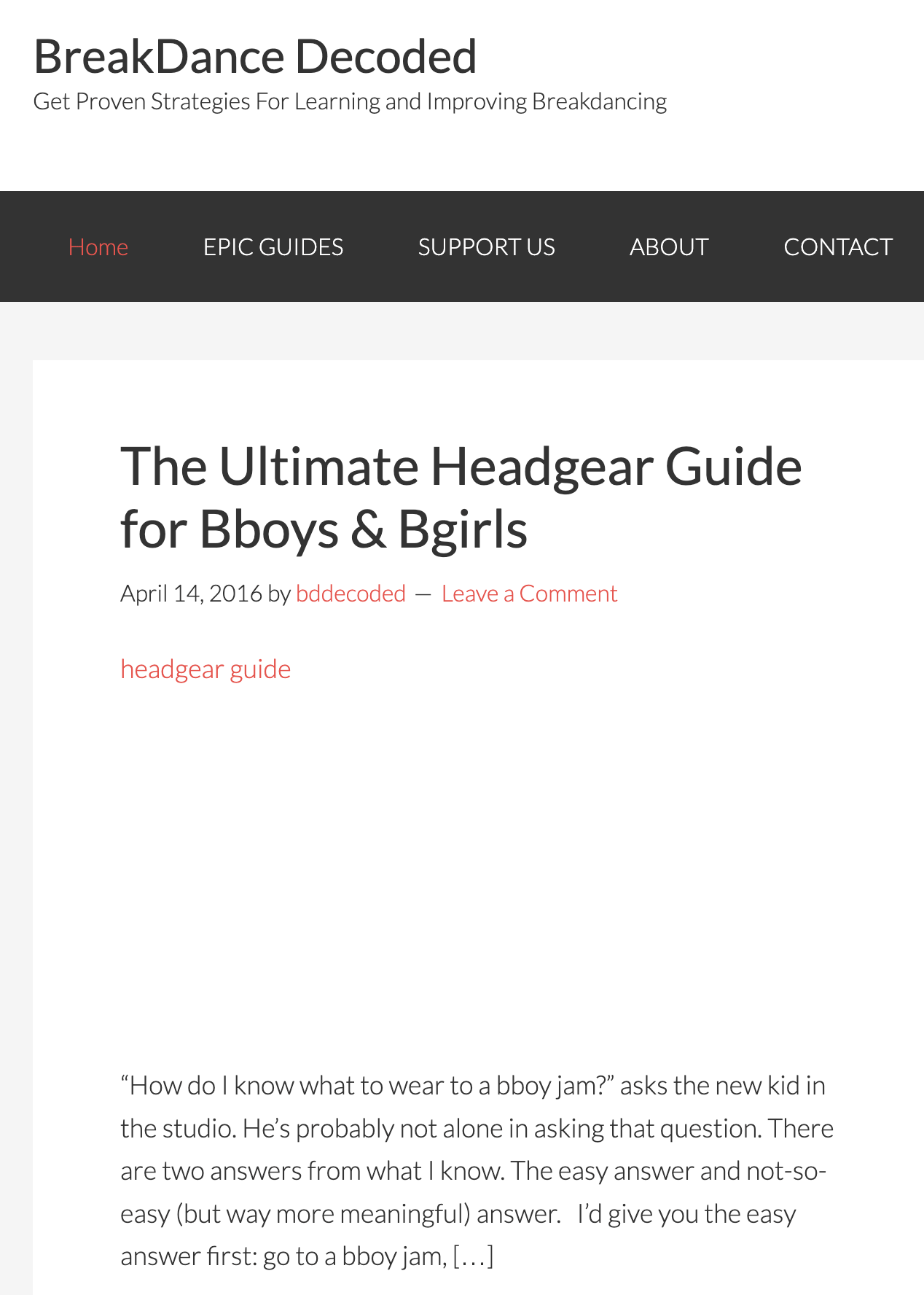 BreakDance Decoded website showing a blog post titled "The Ultimate Headgear Guide for Bboys & Bgirls" published April 14, 2016.