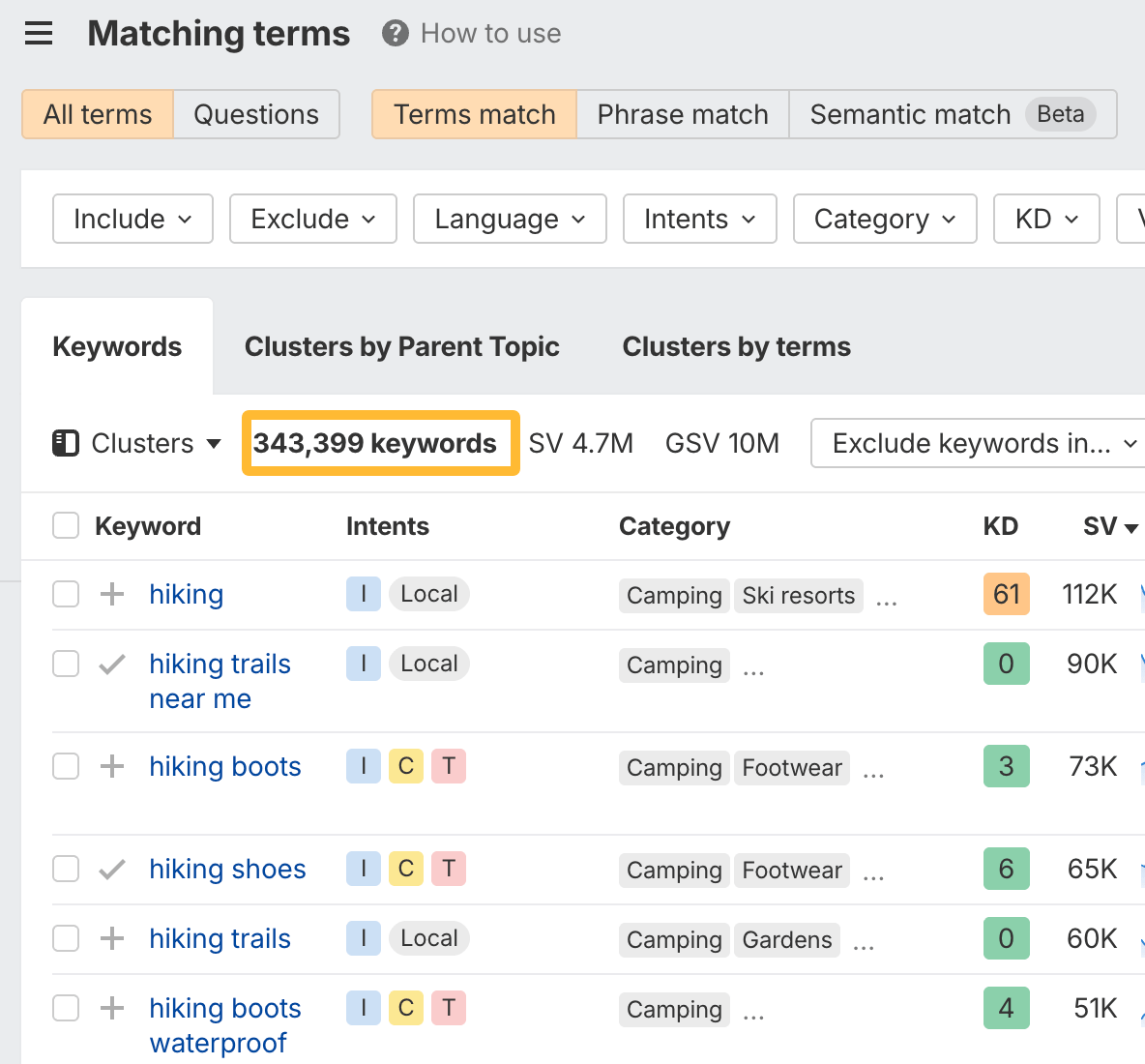 Ahrefs Matching Terms report for "hiking" showing 343,399 keywords, with top results like "hiking" (112K SV) and "hiking trails near me" (90K SV).