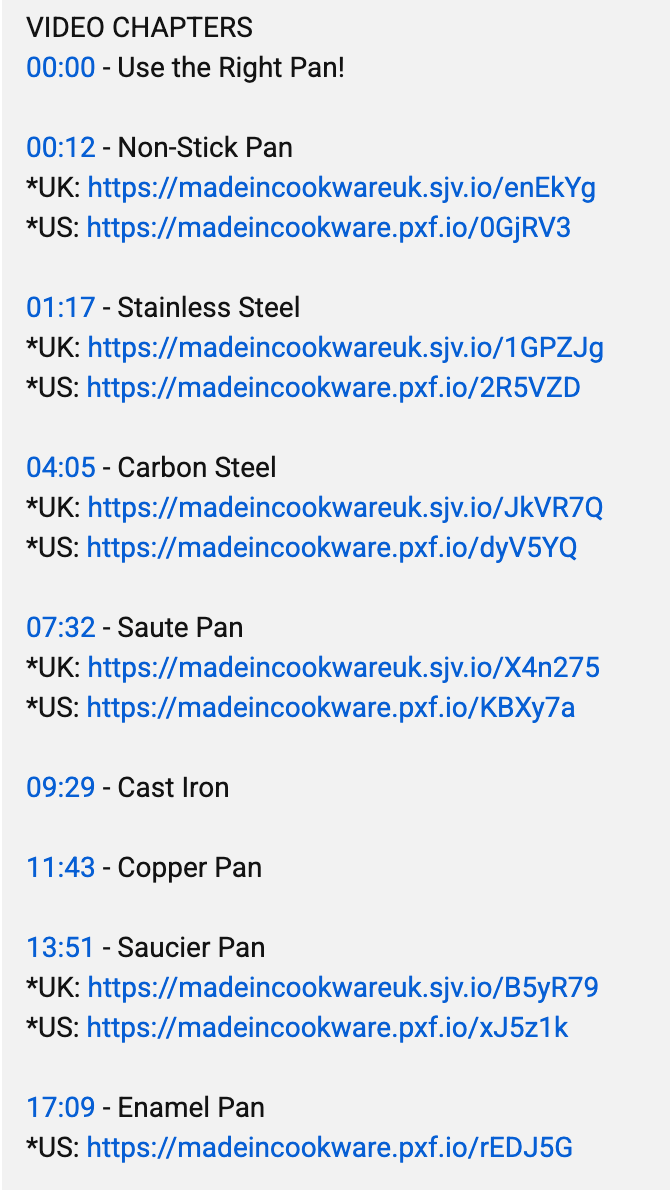 YouTube video chapters listing eight pan types from 00:00 to 17:09, each with affiliate links to Made In Cookware for UK and US shoppers.