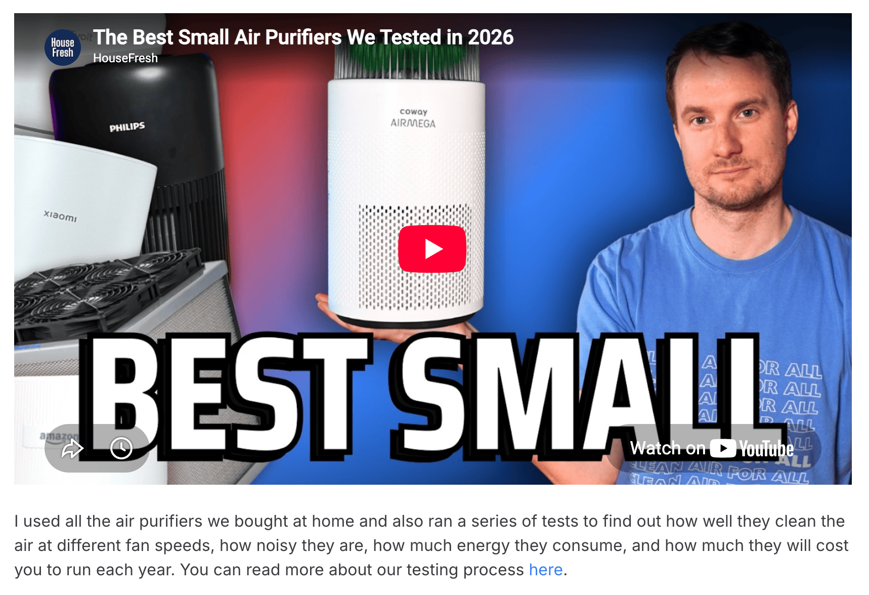 HouseFresh YouTube thumbnail titled "The Best Small Air Purifiers We Tested in 2026," showing a man holding a Coway Airmega alongside Philips and Xiaomi models.