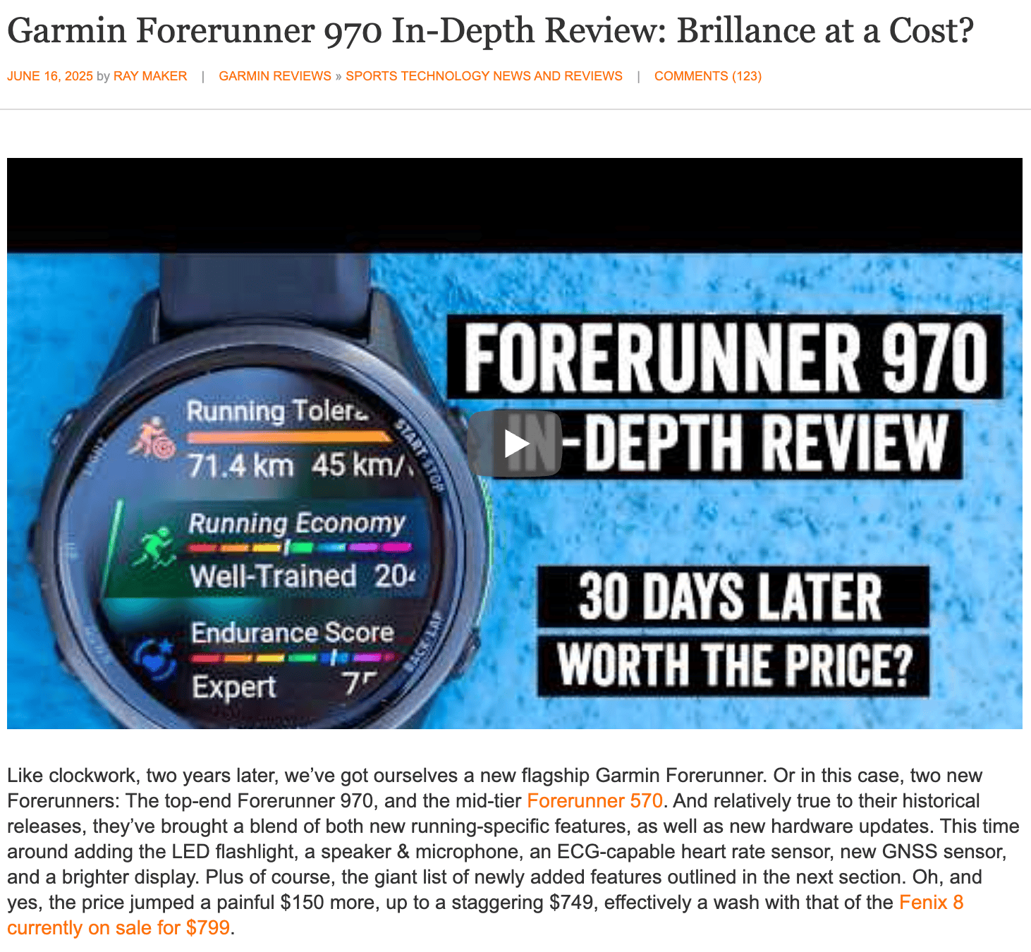 DC Rainmaker's Garmin Forerunner 970 in-depth review page, showing the watch face with metrics including Running Tolerance of 71.4 km and an Expert Endurance Score.