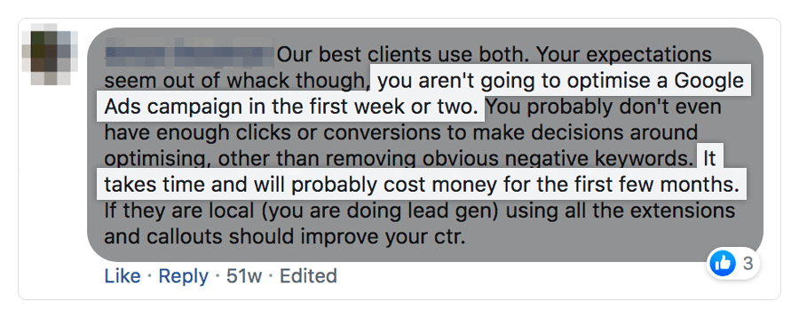 A Facebook comment explaining that optimizing a Google Ads campaign takes months and will likely cost money before it becomes profitable.
