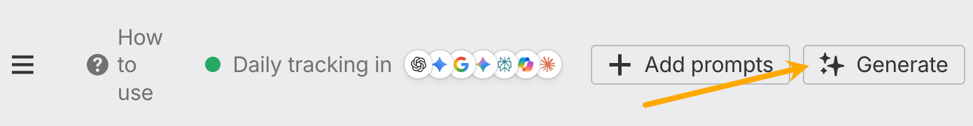 Tracked prompts toolbar with an arrow pointing to the Generate button next to Add prompts.