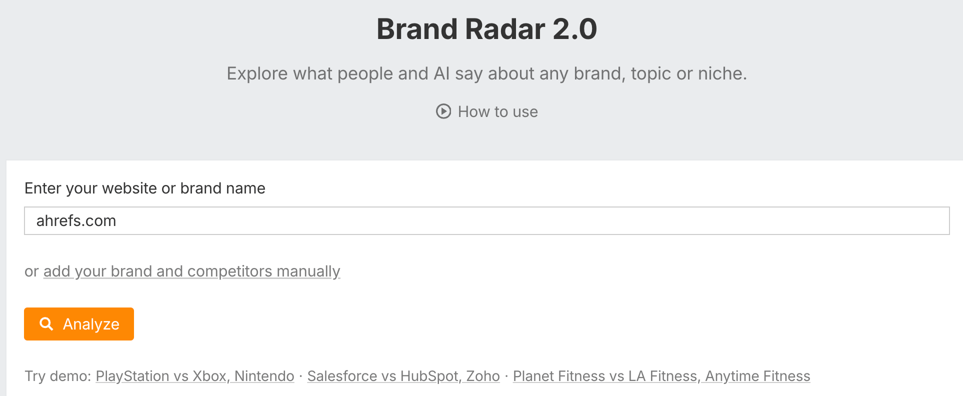 Brand Radar start screen with ahrefs.com entered in the website or brand name field and the Analyze button.