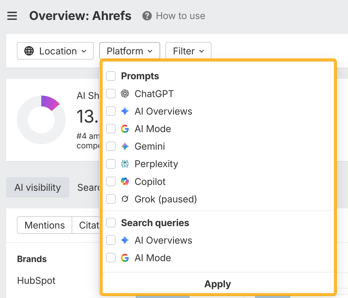 Brand Radar Platform filter open, listing prompts for ChatGPT, AI Overviews, AI Mode, Gemini, Perplexity, Copilot and Grok, plus search queries for AI Overviews and AI Mode.