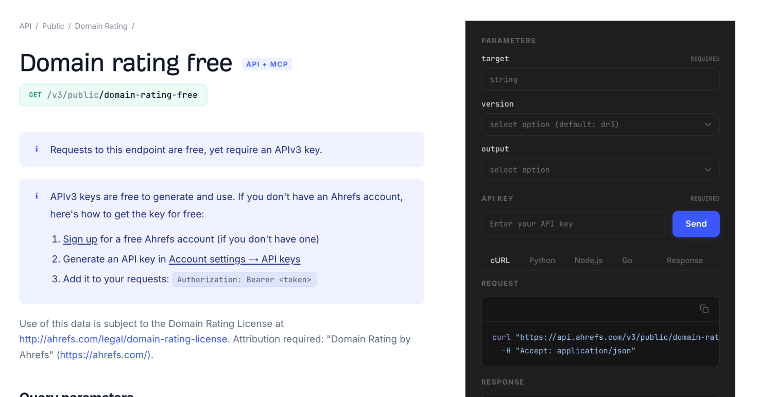 Ahrefs DR API endpoint