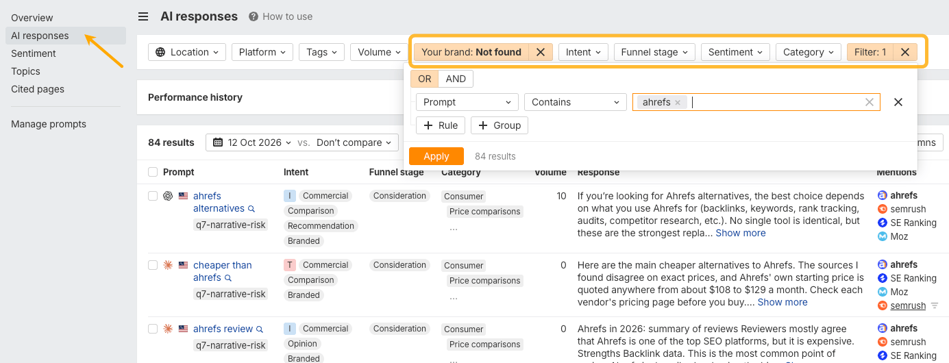 Brand Radar AI responses filtered to branded prompts where Ahrefs isn't found