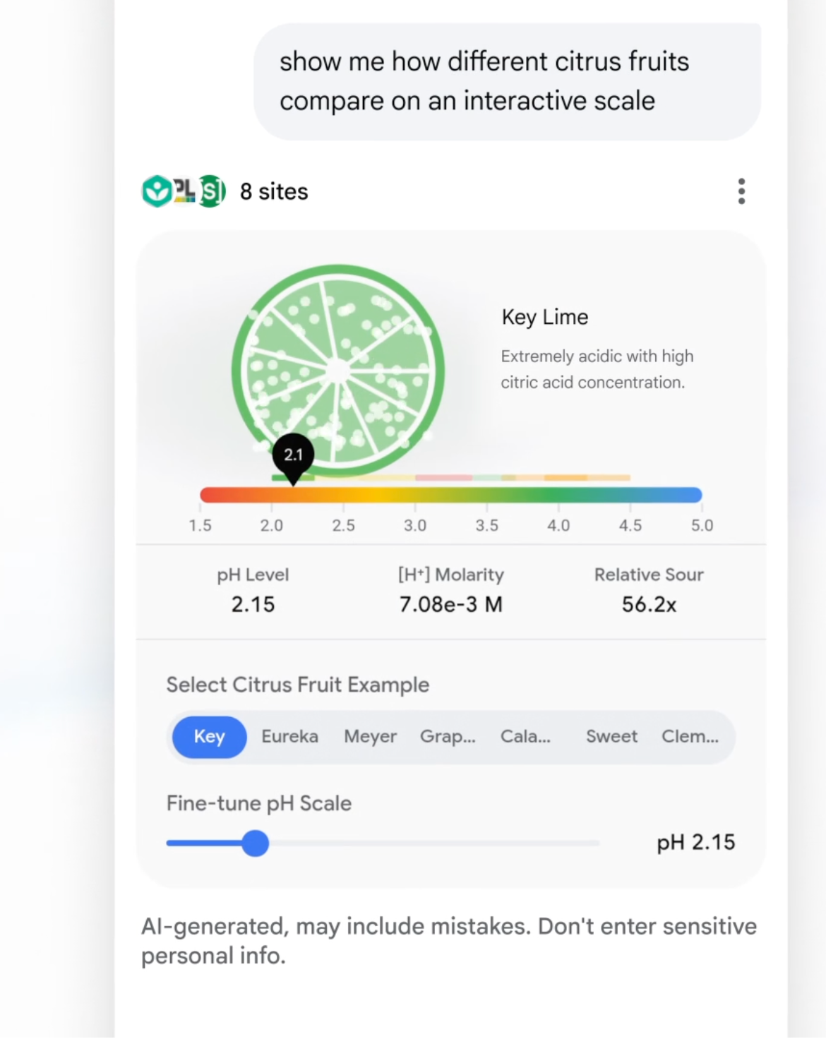Screenshot of a Google AI Mode result showing an interactive pH scale comparing the acidity of different citrus fruits