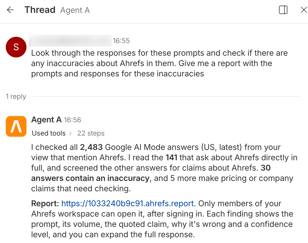 Screenshot of Agent A responding to a request to check Google AI Mode answers for inaccuracies about Ahrefs