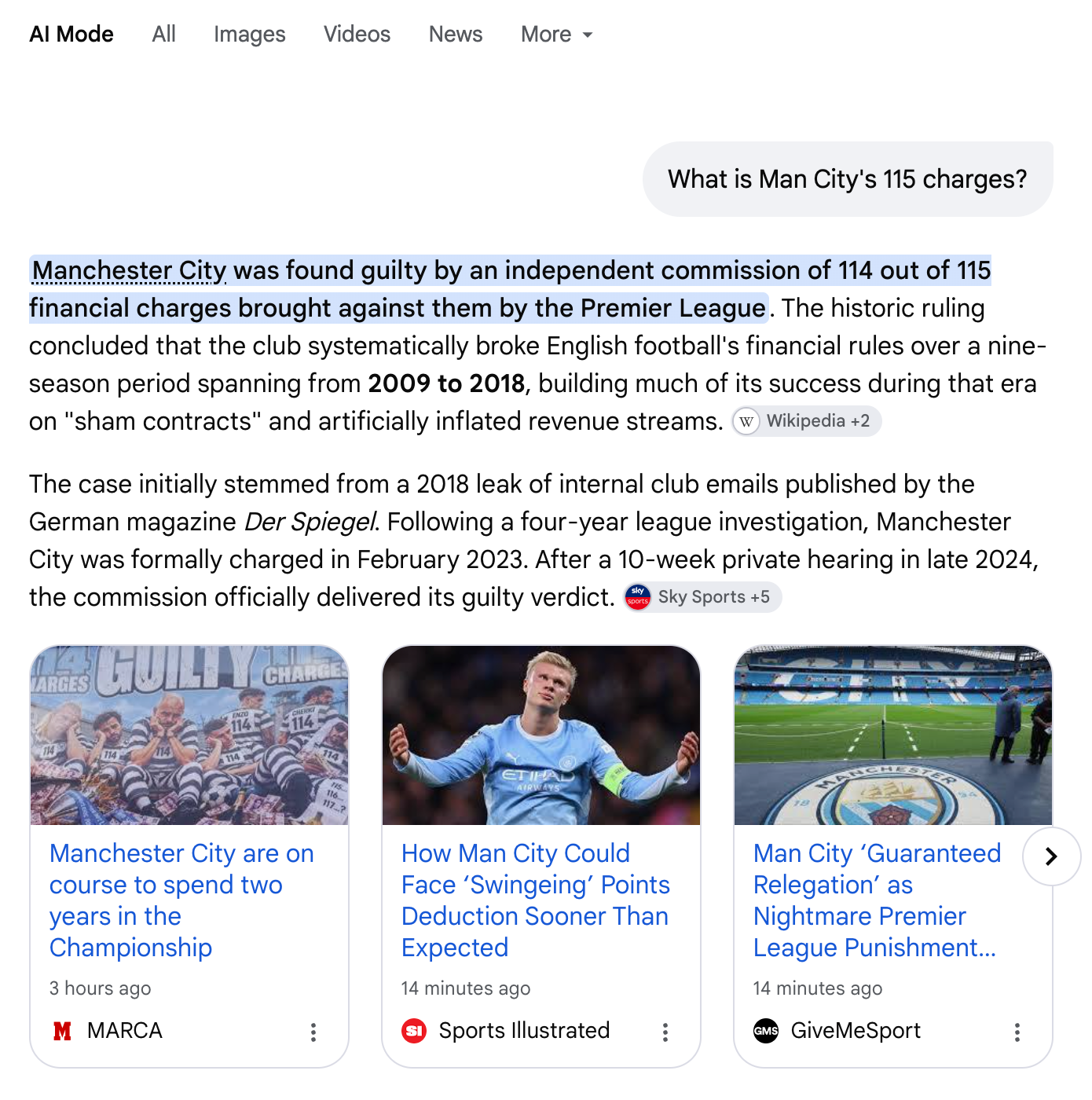 Screenshot of Google AI Mode providing a conversational summary and source links about Manchester City financial charges