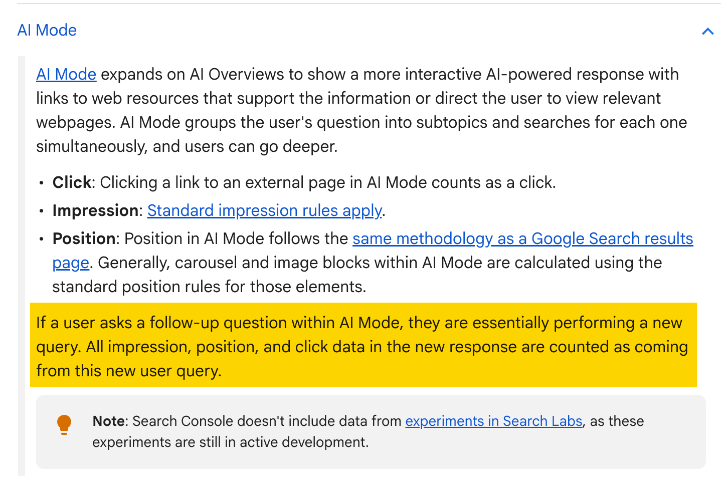 Screenshot of Google Search Console documentation stating that follow-up questions in AI Mode count as new user queries
