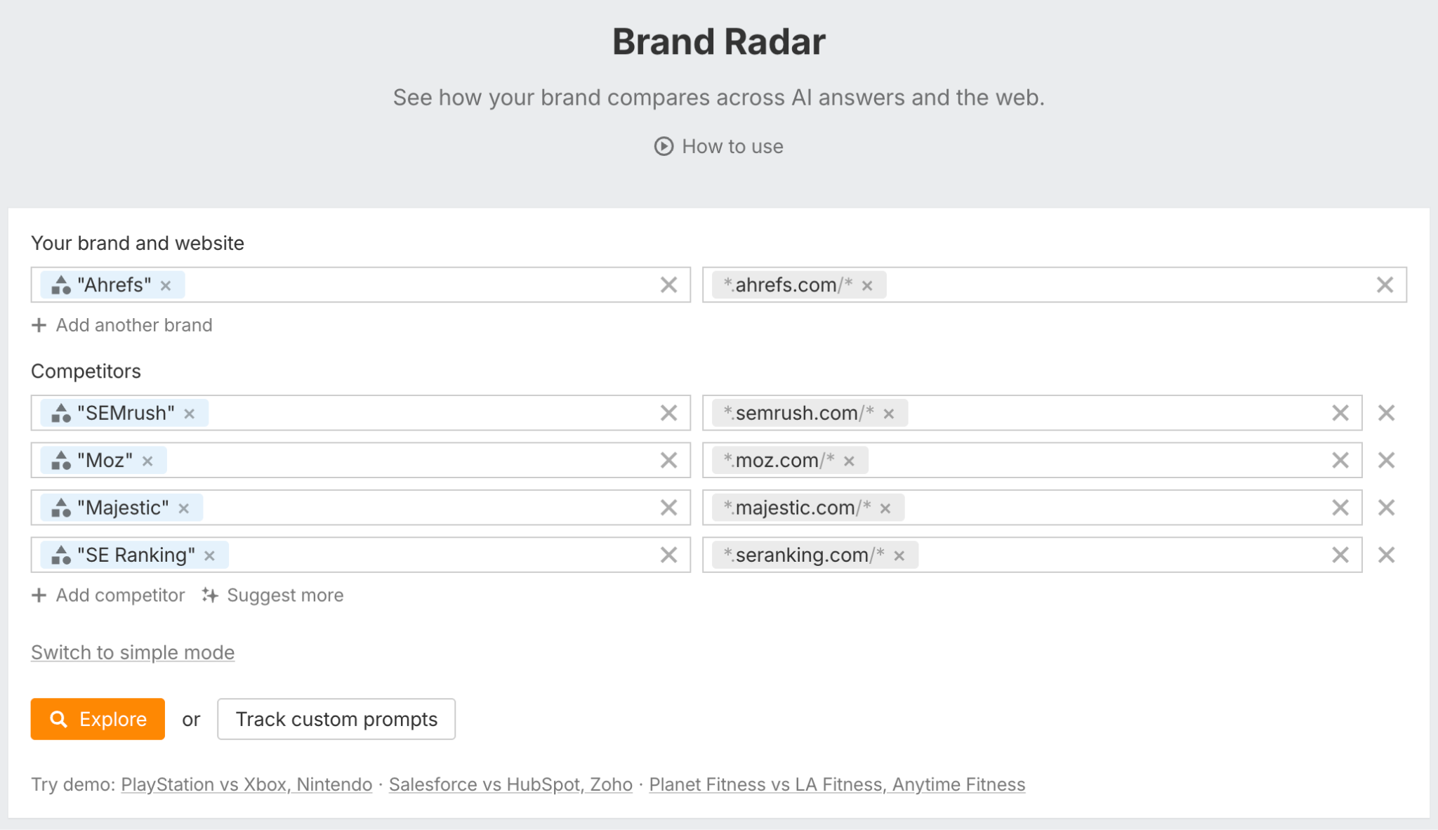 Screenshot of the Brand Radar interface showing input fields for a brand and its competitors to compare AI visibility