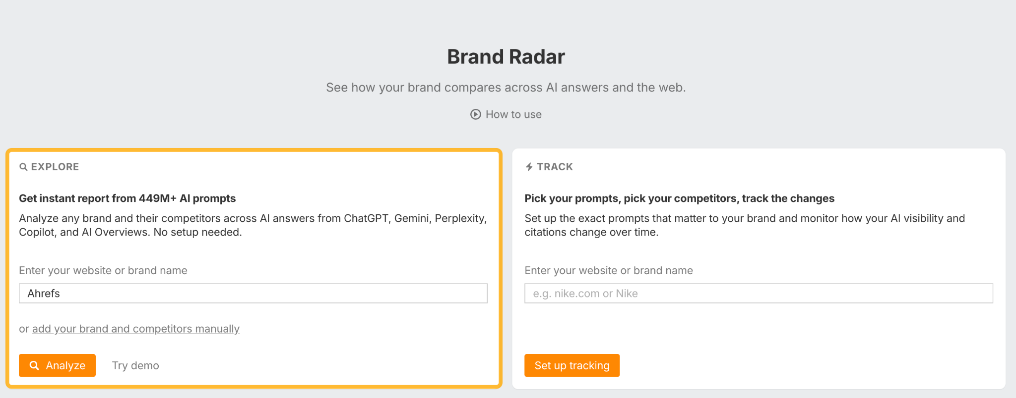 Screenshot of the Brand Radar interface showing the Explore section with Ahrefs entered in the brand name field