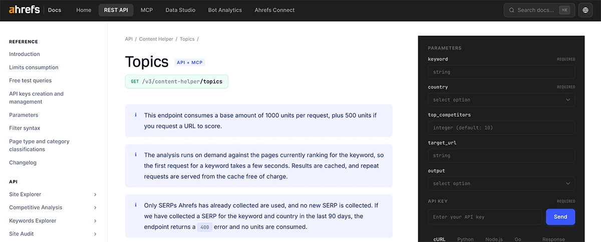 topics content helper api endpoint